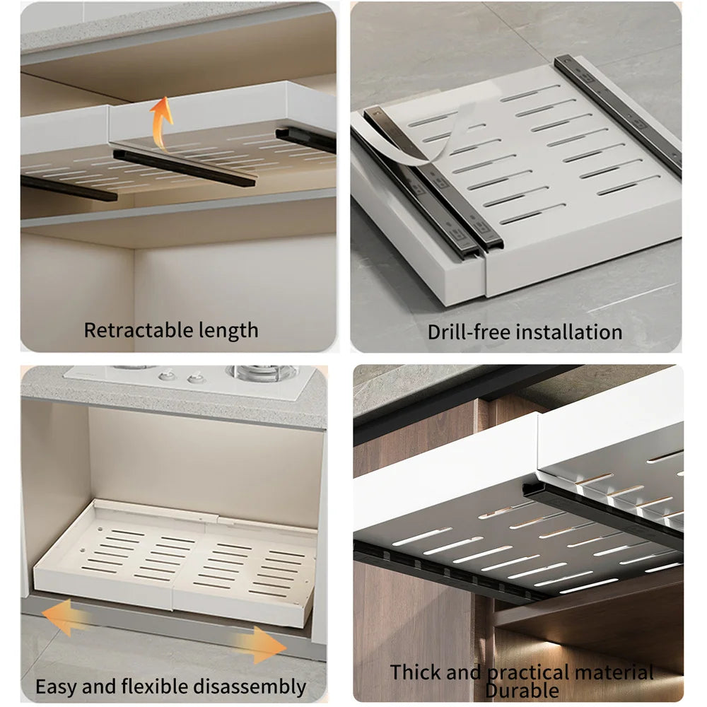 Non-Perforated Expandable Kitchen Pull Out Storage Cabinet Drawer Organizer Adjustable Sink Shelf Sliding Out Storage Shelves