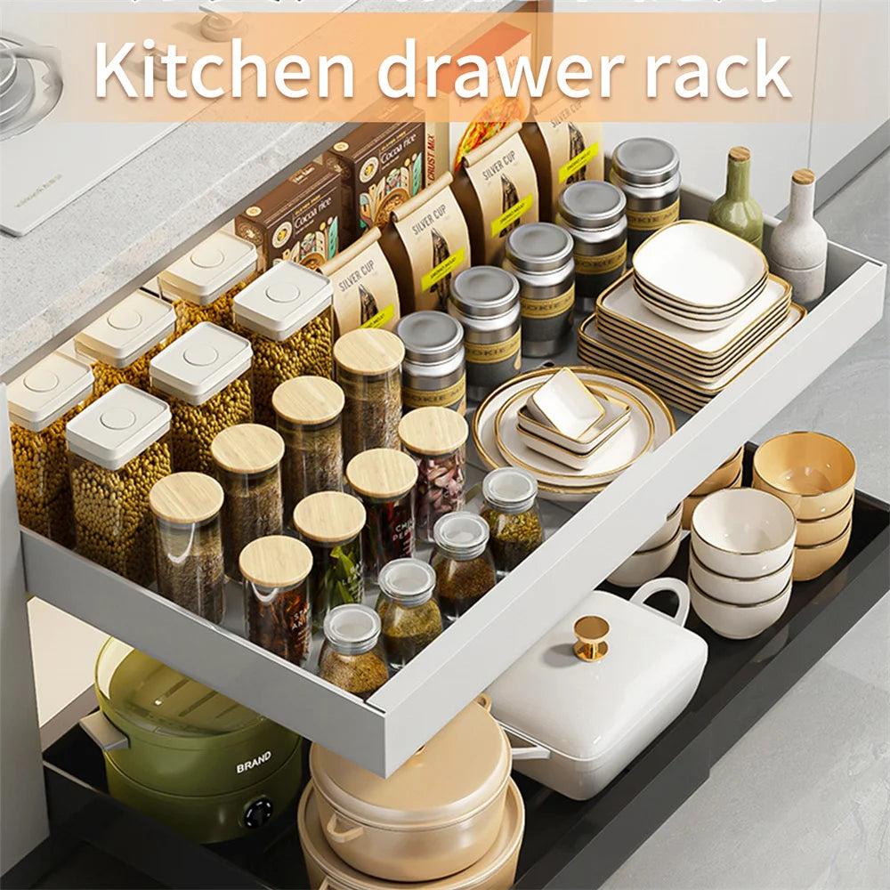 Non-Perforated Expandable Kitchen Pull Out Storage Cabinet Drawer Organizer Adjustable Sink Shelf Sliding Out Storage Shelves