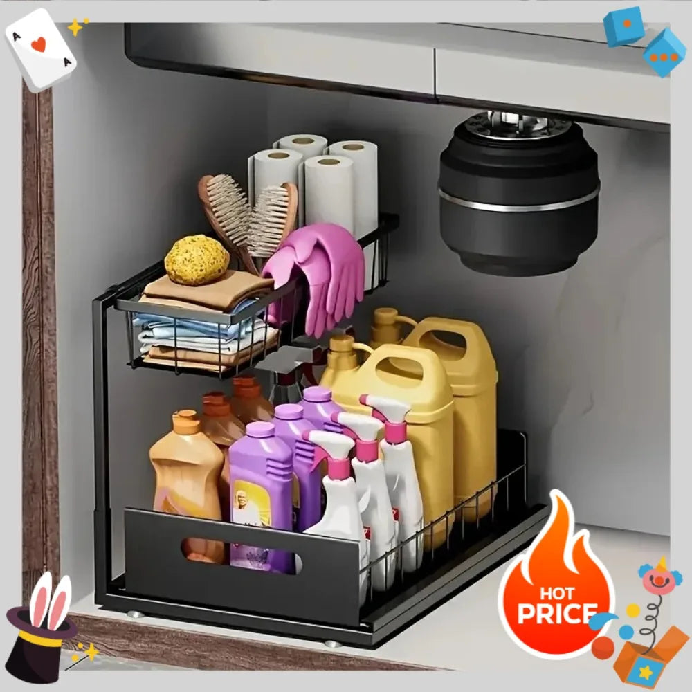 Kitchen Double-Layer Sliding Sink Under-Sink Shelf for Home Use Pull-Out Cabinet Storage Rack for Kitchen and Bathroom Storage