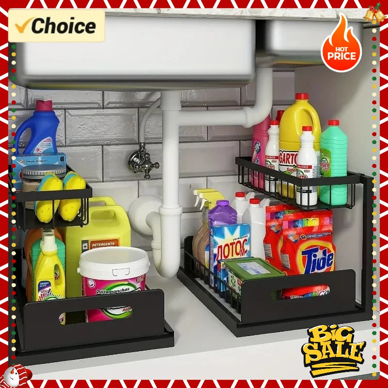 Kitchen Double-Layer Sliding Sink Under-Sink Shelf for Home Use Pull-Out Cabinet Storage Rack for Kitchen and Bathroom Storage