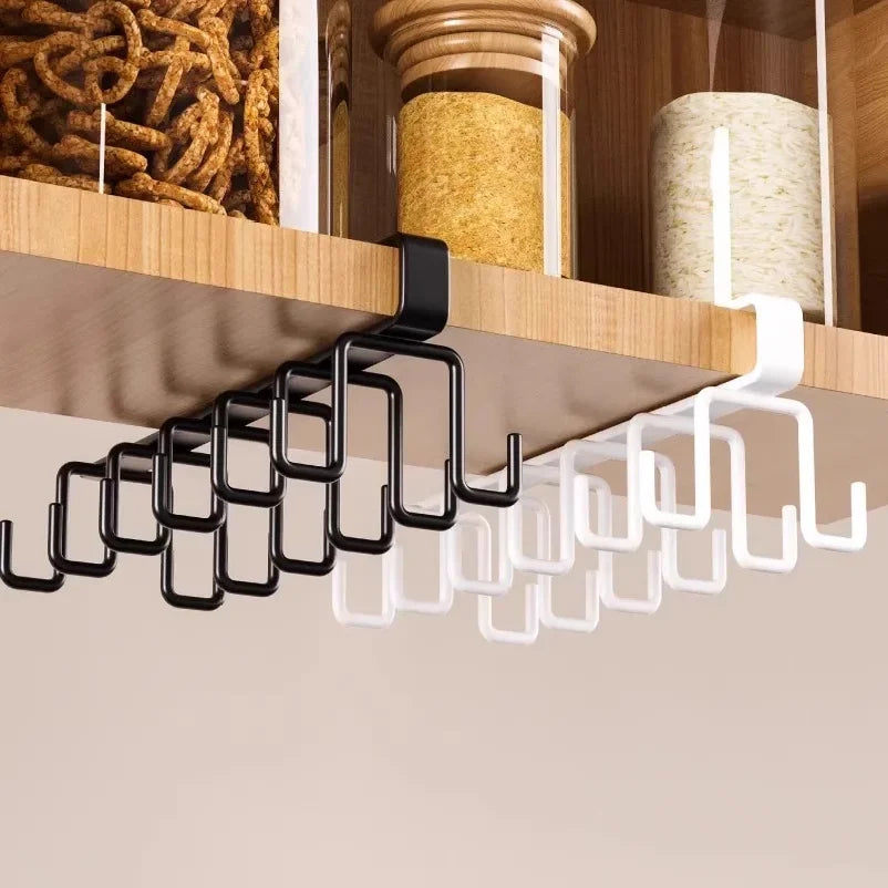 Punch-free Double-row Hooks Under Cabinet Mug Cup Hanger Rack Kitchen Organizer Hanging Storage Holder