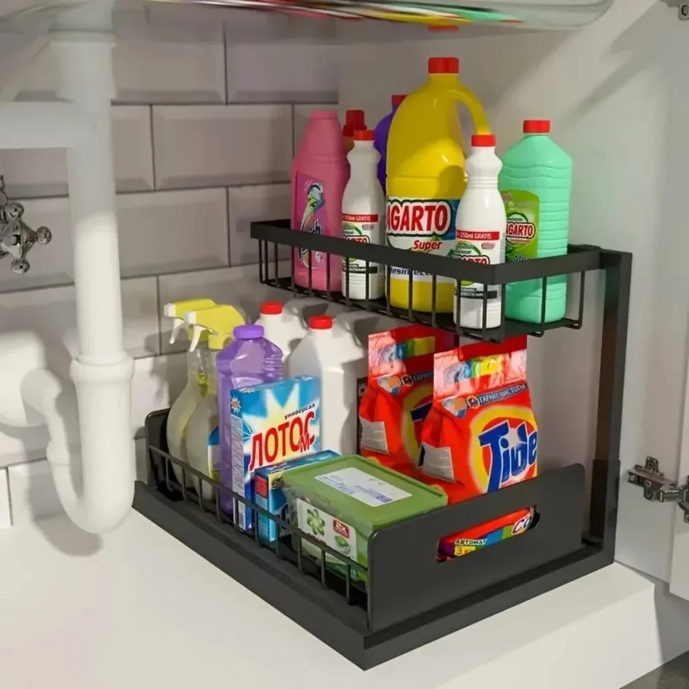 Kitchen Double-Layer Sliding Sink Under-Sink Shelf for Home Use Pull-Out Cabinet Storage Rack for Kitchen and Bathroom Storage