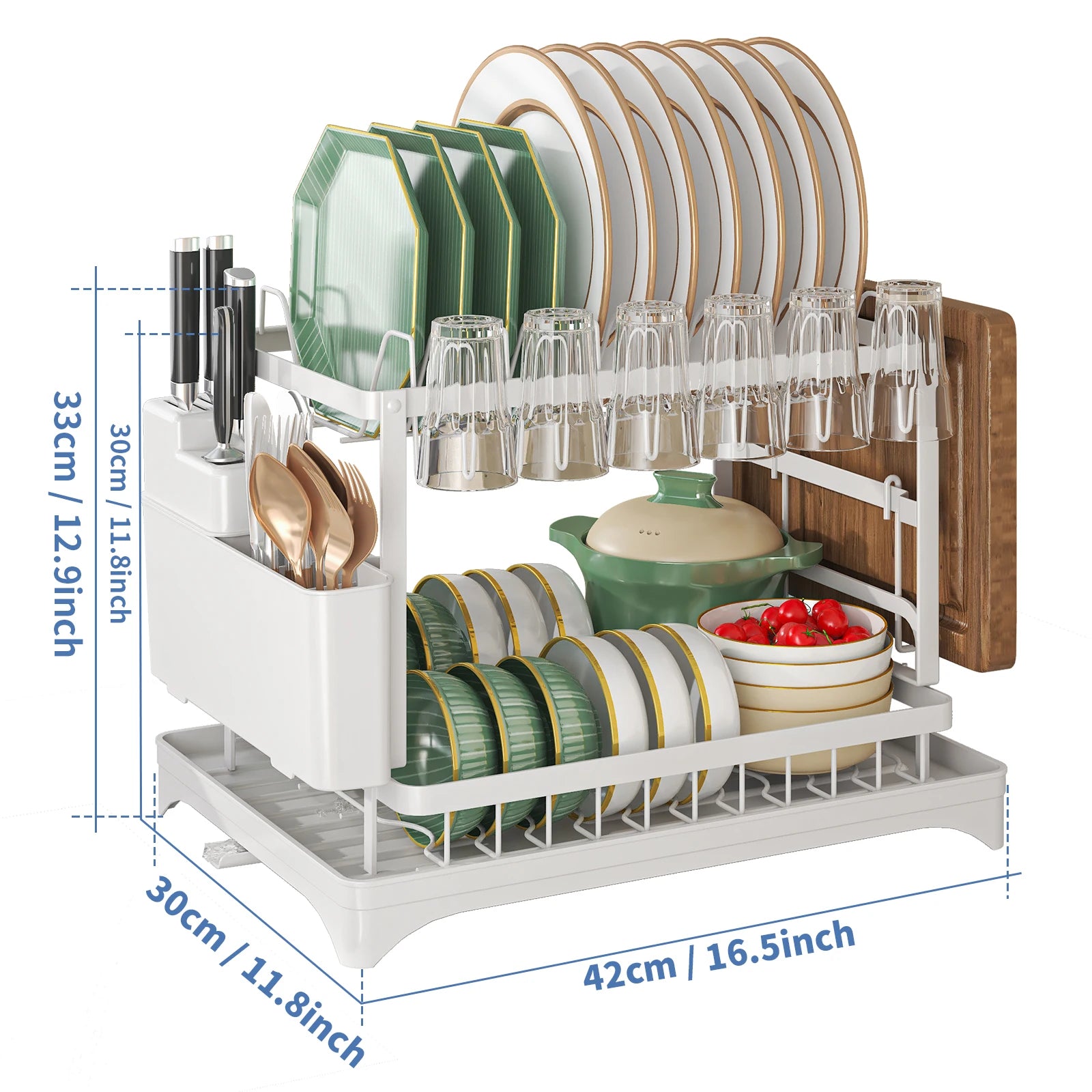 2 tier,dish drying rack,Cutlery rack with spout and draining tray,cutlery holder,cup holder,kitchen countertop storage rack