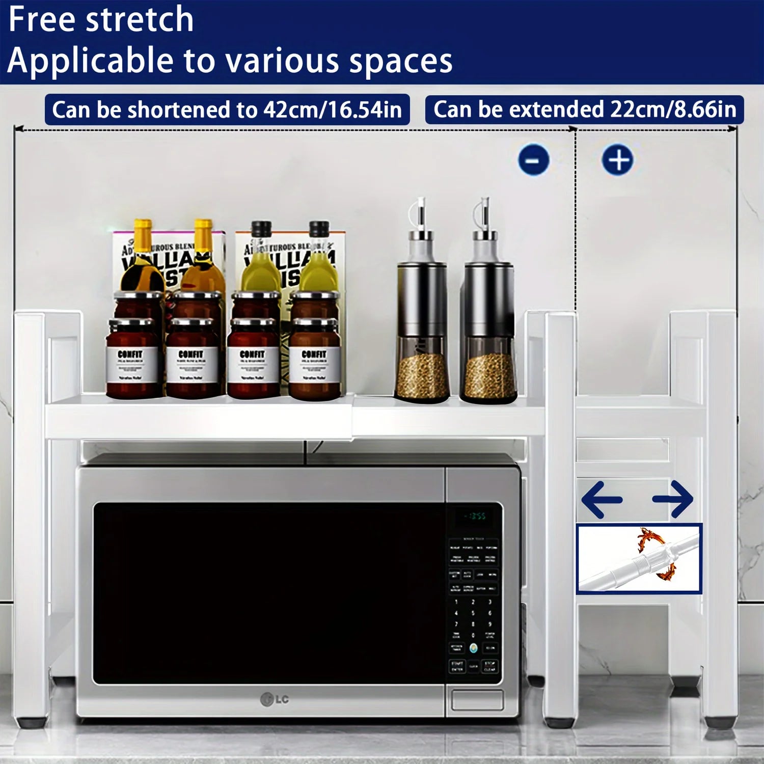 Expandable Microwave Shelf, Microwave Holder with 6 Hooks, Kitchen Storage Rack, Microwave Baking Rack, Extendable 40-64cm