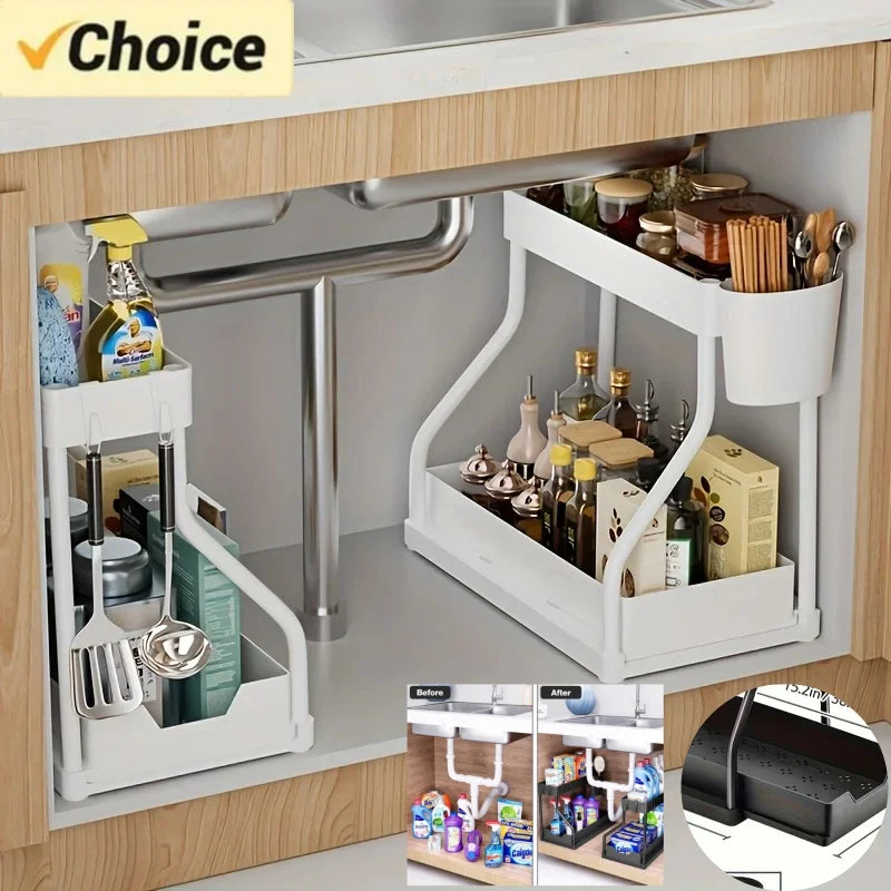 Space Saving 2 Tier Under Sink Organizer,Pull Out Storage Box Durable Large Capacity Kitchen Bathroom Essential Drawer Organizer