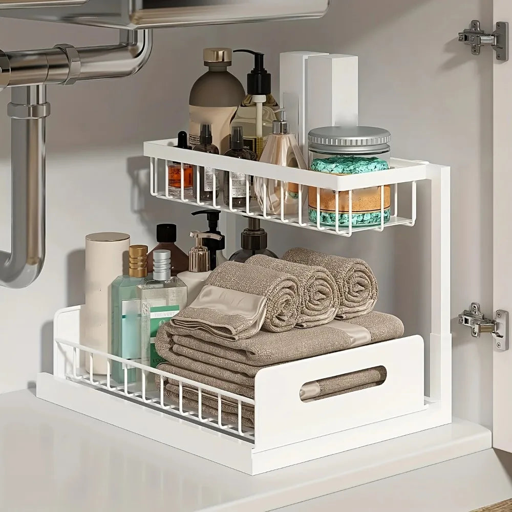 Kitchen Double-Layer Sliding Sink Under-Sink Shelf for Home Use Pull-Out Cabinet Storage Rack for Kitchen and Bathroom Storage