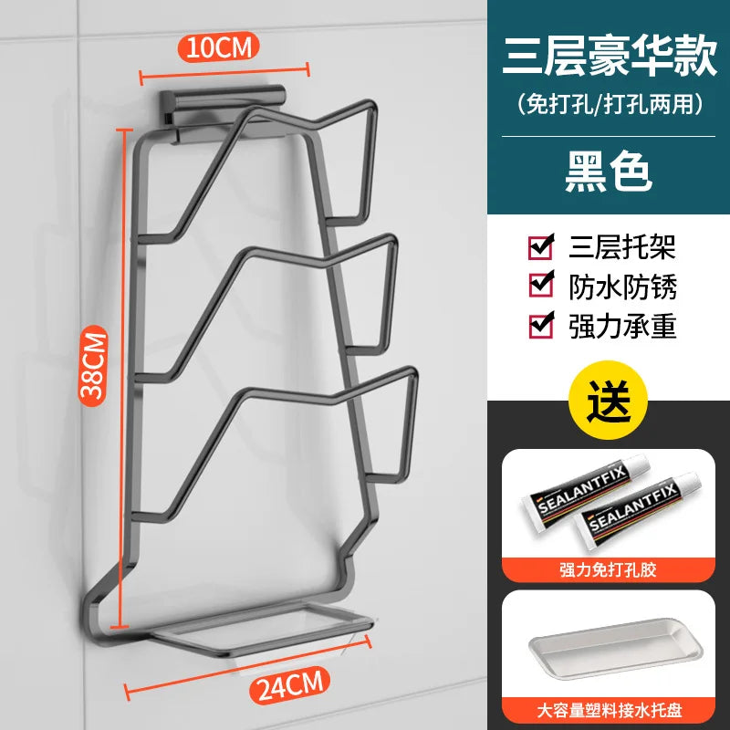 3 Layer Wall-Mounted Pot Pan Lid Storage Holder No Punching Self-Adhesive Household Kitchen Pan Lid Organizer Pot Cover Rack