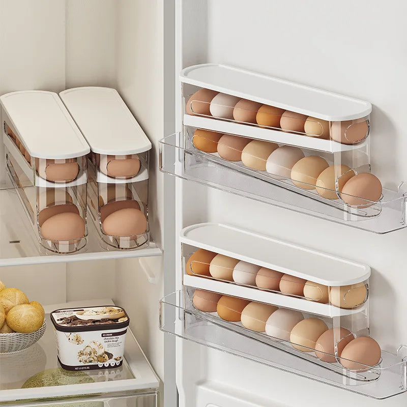Slide Type Egg Carton Double Automatic Egg Roller Refrigerator Side Door Egg Storage Kitchen Countertop Egg Holder