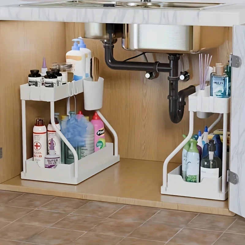 Space Saving 2 Tier Under Sink Organizer,Pull Out Storage Box Durable Large Capacity Kitchen Bathroom Essential Drawer Organizer