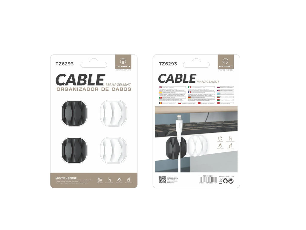 Suporte para cabos Techancy, TZ6293, embalagem com 4 unidades, organizador de cabos, preto + branco