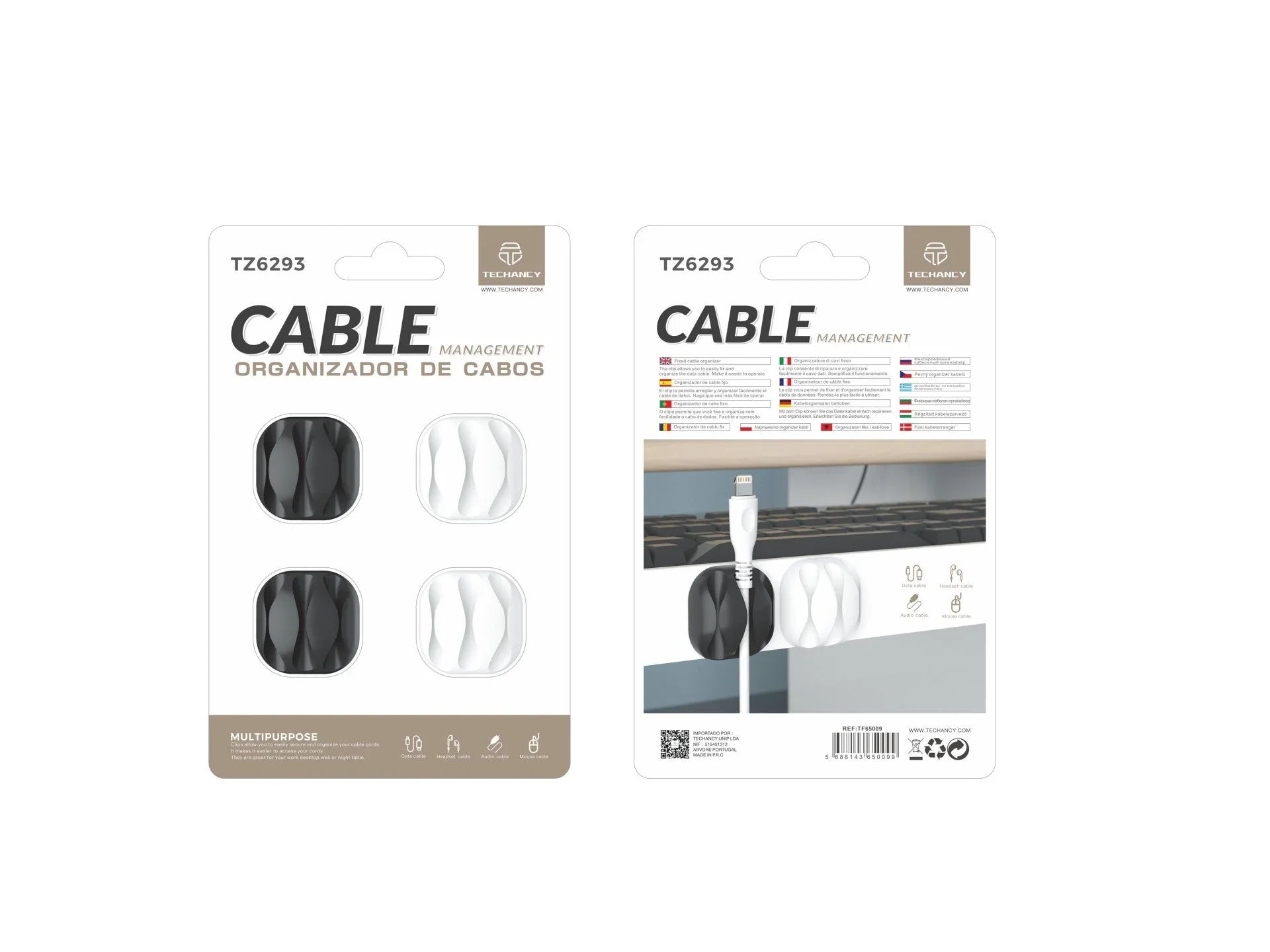 Suporte para cabos Techancy, TZ6293, embalagem com 4 unidades, organizador de cabos, preto + branco