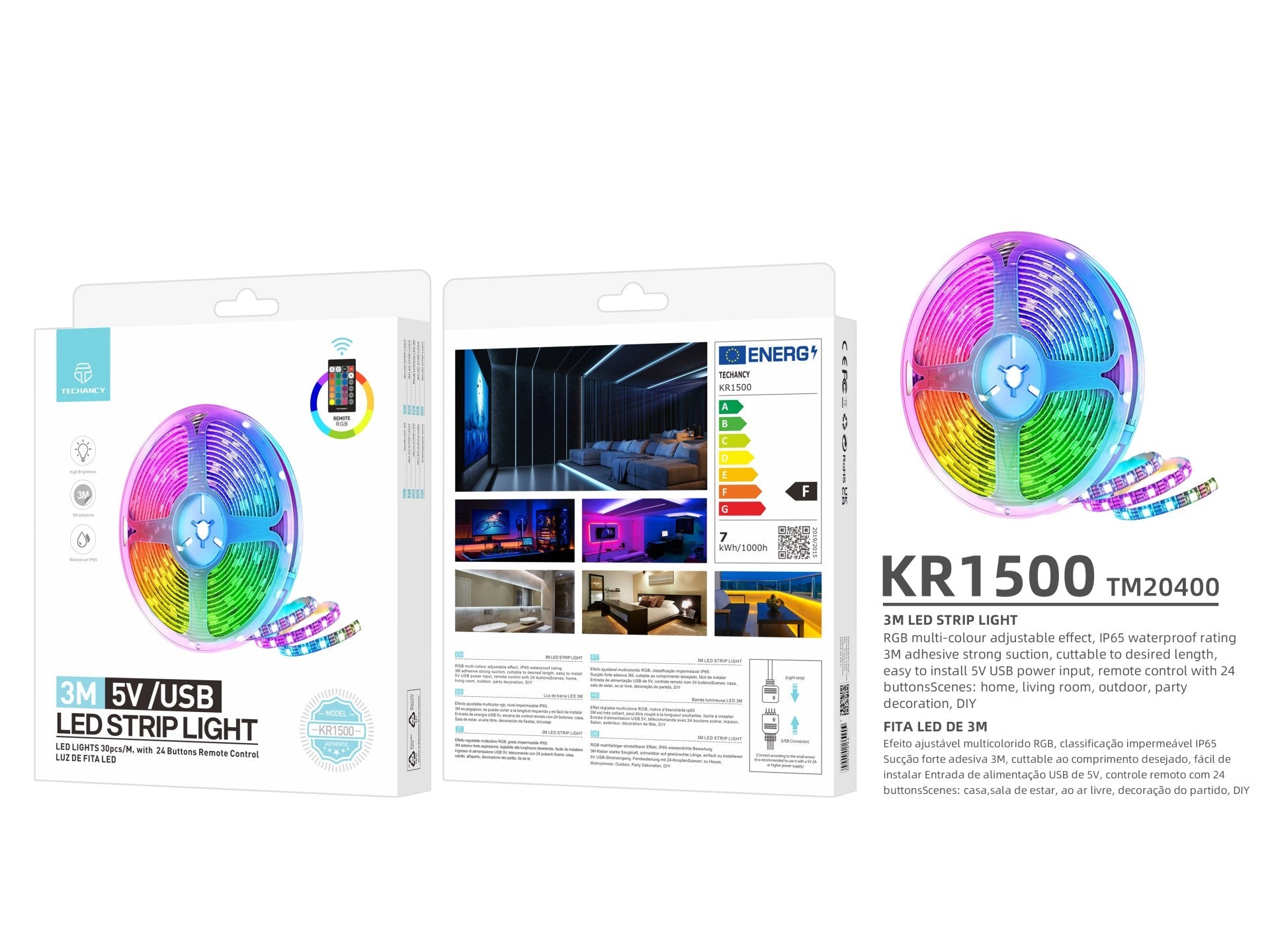 Techancy Fita Led 3m KR1500, Fonte De Alimentação 5v/Usb Com Controlo Sem Fios, Efeito Multicolor Rgb, À Prova De Água Ip65