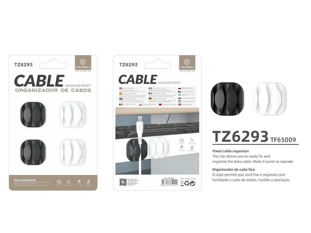 Suporte para cabos Techancy, TZ6293, embalagem com 4 unidades, organizador de cabos, preto + branco