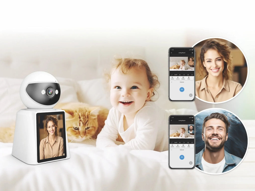 Techancy SH043 Câmara Inteligente com Ecrã, 1080P, Rotação 360°, Visão Noturna, Chamadas de Vídeo e Voz Bidirecionais, Ligação WiFi, Deteção Humana — Branco
