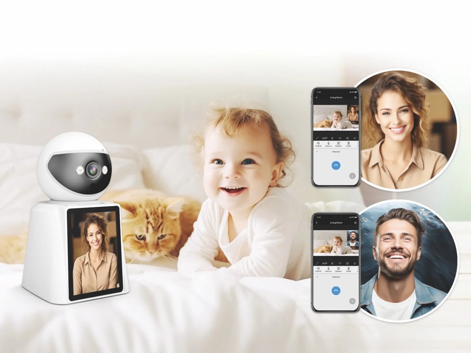 Techancy SH043 Câmara Inteligente com Ecrã, 1080P, Rotação 360°, Visão Noturna, Chamadas de Vídeo e Voz Bidirecionais, Ligação WiFi, Deteção Humana — Branco