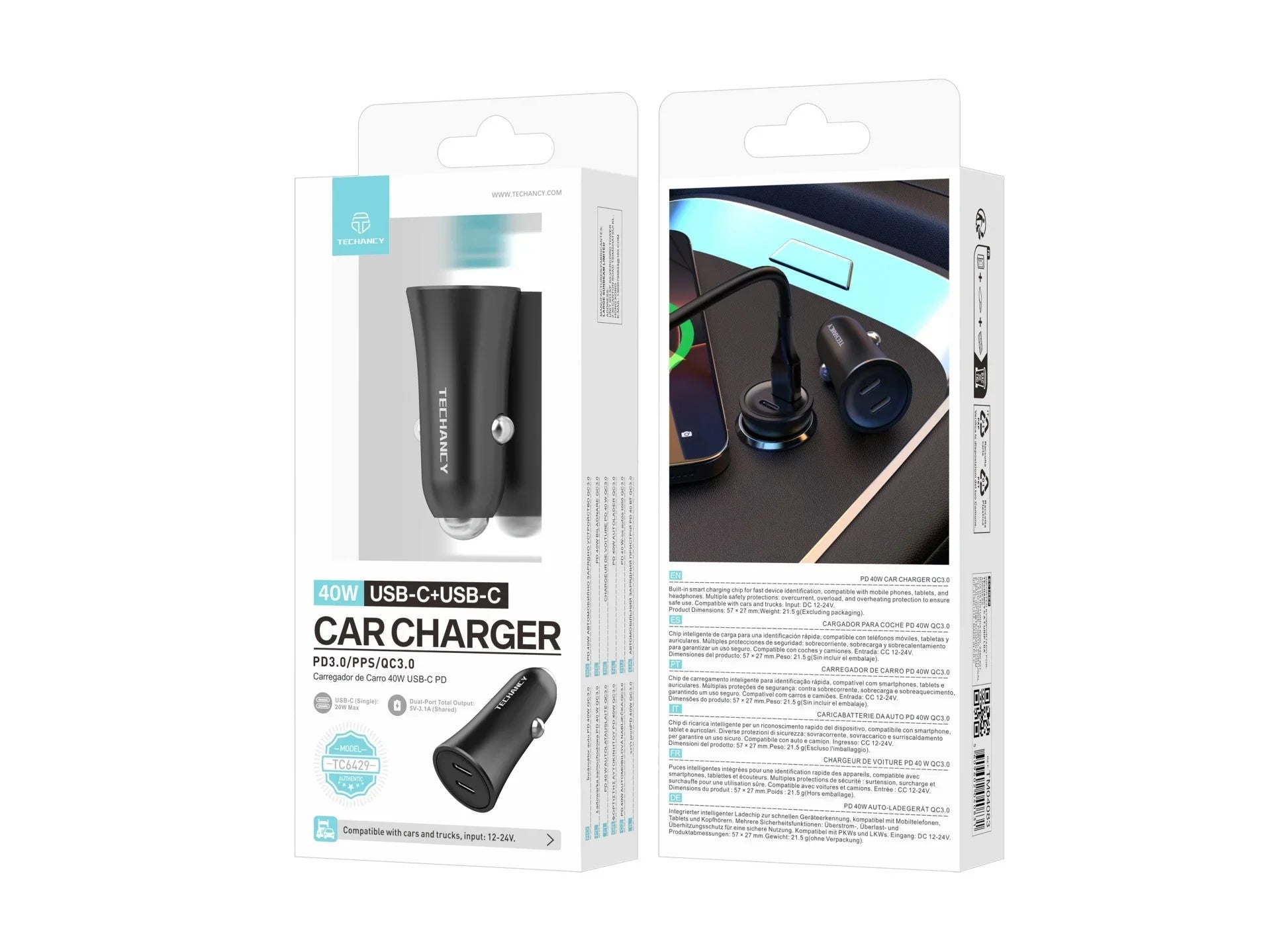 Techancy Carregador de carro 40W Dual USB C PD PPS QC3.0 TC6429 Carregamento rapido 12V 24V Preto