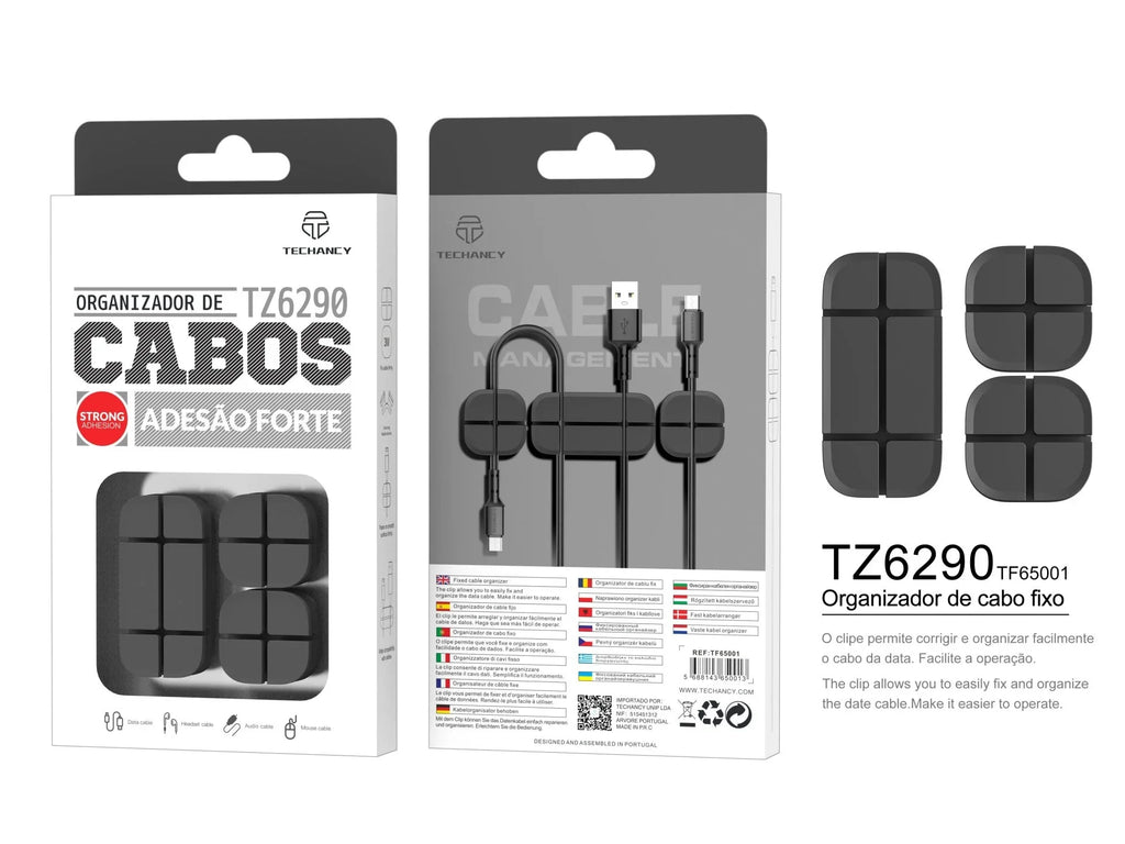 Organizador de cabos Techancy, TZ6290, embalagem com 3 unidades, guarda os cabos de forma organizada para manter a sua secretária arrumada, preto