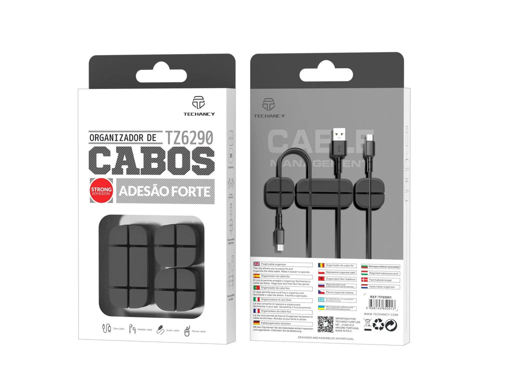 Organizador de cabos Techancy, TZ6290, embalagem com 3 unidades, guarda os cabos de forma organizada para manter a sua secretária arrumada, preto