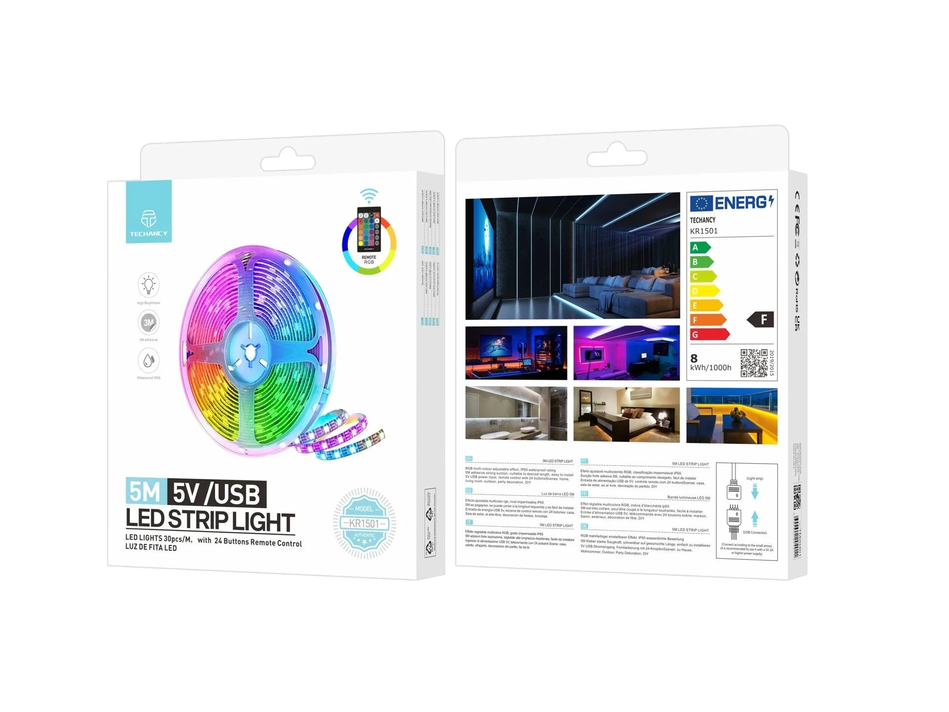 Techancy Fita Led 5m KR1501, Fonte De Alimentação 5v/Usb Com Controlo Sem Fios, Efeito Multicolor Rgb, À Prova De Água Ip65