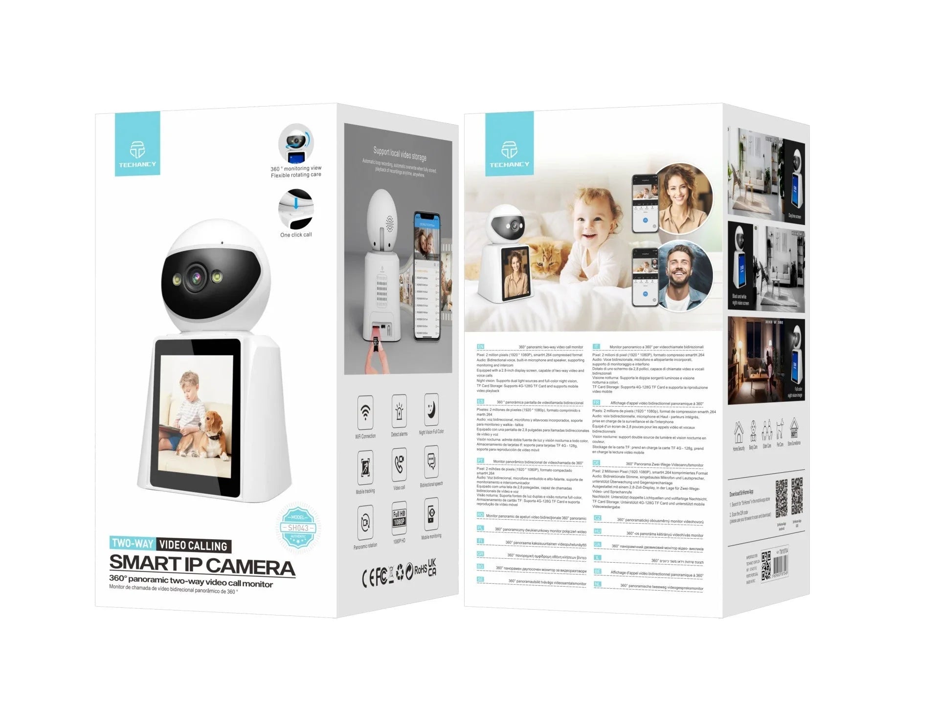 Techancy SH043 Câmara Inteligente com Ecrã, 1080P, Rotação 360°, Visão Noturna, Chamadas de Vídeo e Voz Bidirecionais, Ligação WiFi, Deteção Humana — Branco